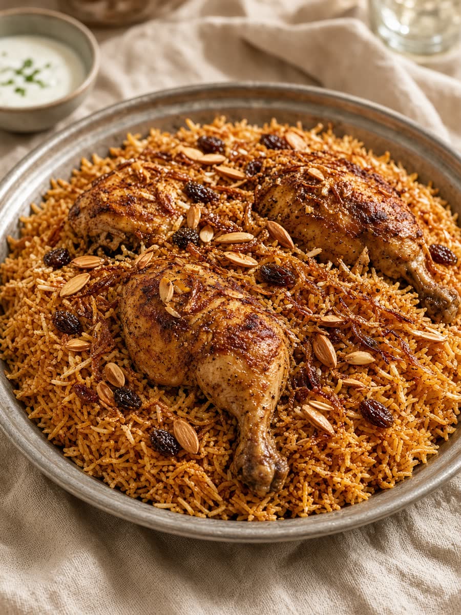 A plate of chicken kabsa with spiced rice